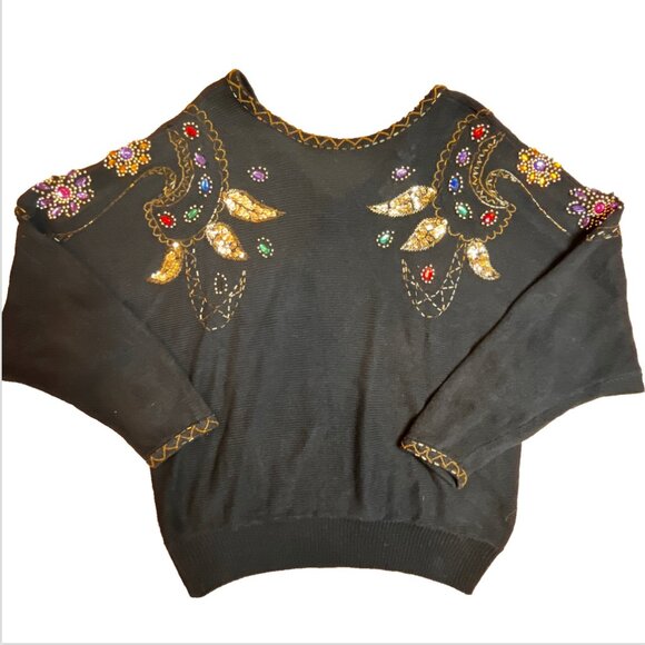 VTG 80/90s Sequin Sweater SZ M Metallic Embroidered Granny Black Paisley Dolman - Picture 1 of 13